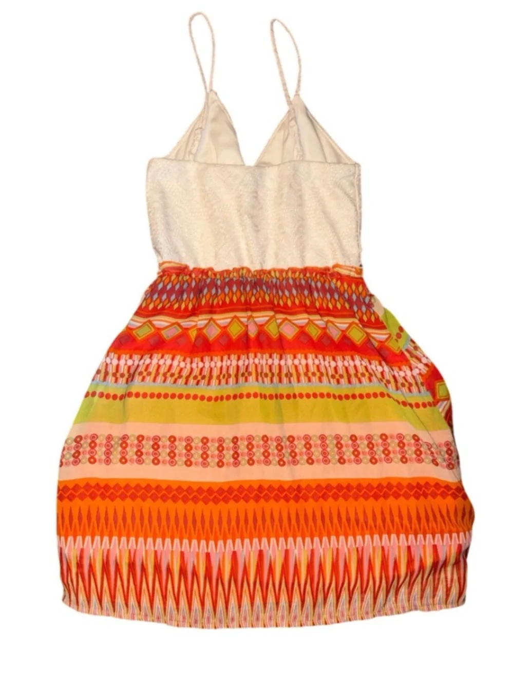 Boho Crochet Bodice Sundress || Smocked Waist | Colorful Geometric Print